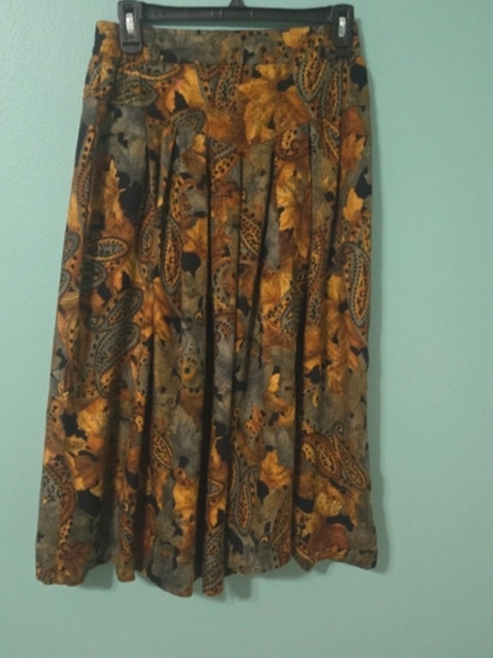 "Vintage 1990s Pleated Autumn Paisley Midi Skirt - Orange Multi